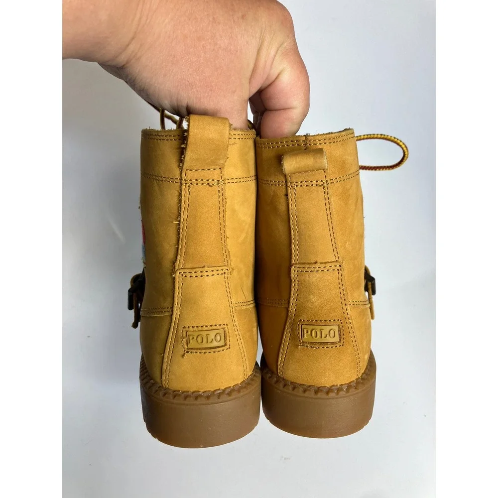 Polo Ralph Lauren ranger lace up boots tan leather bear embroidery kids‎ size 3
